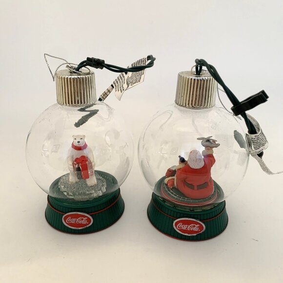 2 Coca-Cola Holiday Radiance Glass Ornaments Illuminated Rotating Santa Bear Vtg - Picture 6 of 16